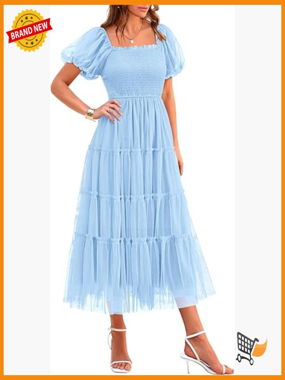 Smocked Midi Tulle Dress with Puff Short Sleeves Square Neck Ruffle Wedding